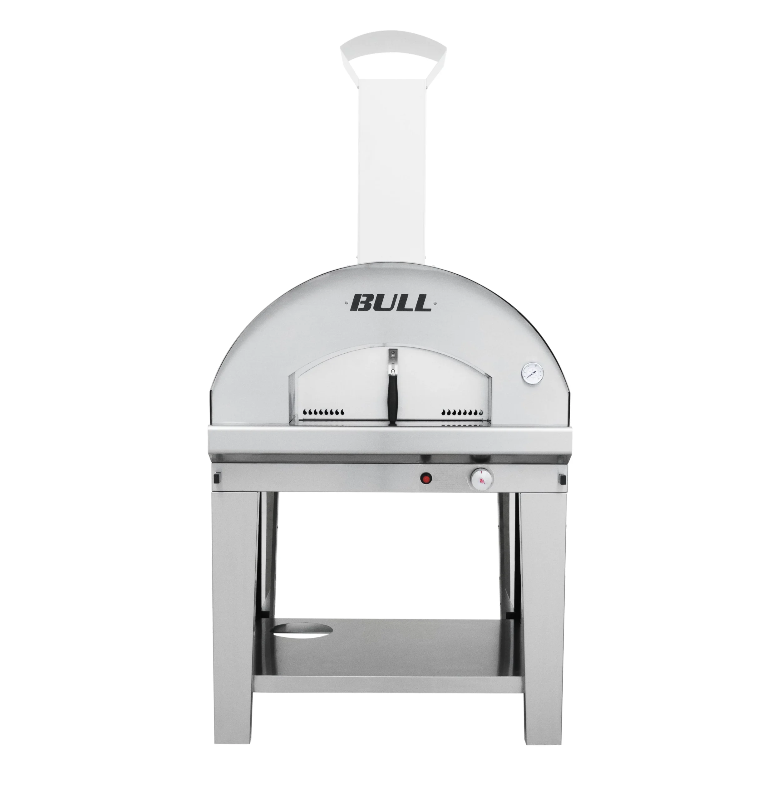 The Bull stainless steel BBQ pizza oven on a stainless steel stand on a transparent background