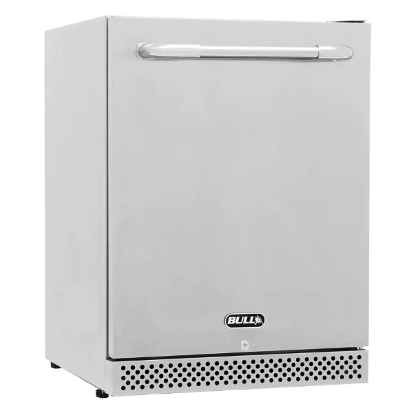 Bull BBQ stainless steel outdoor rated fridge on a transparent background with horizonta handle.