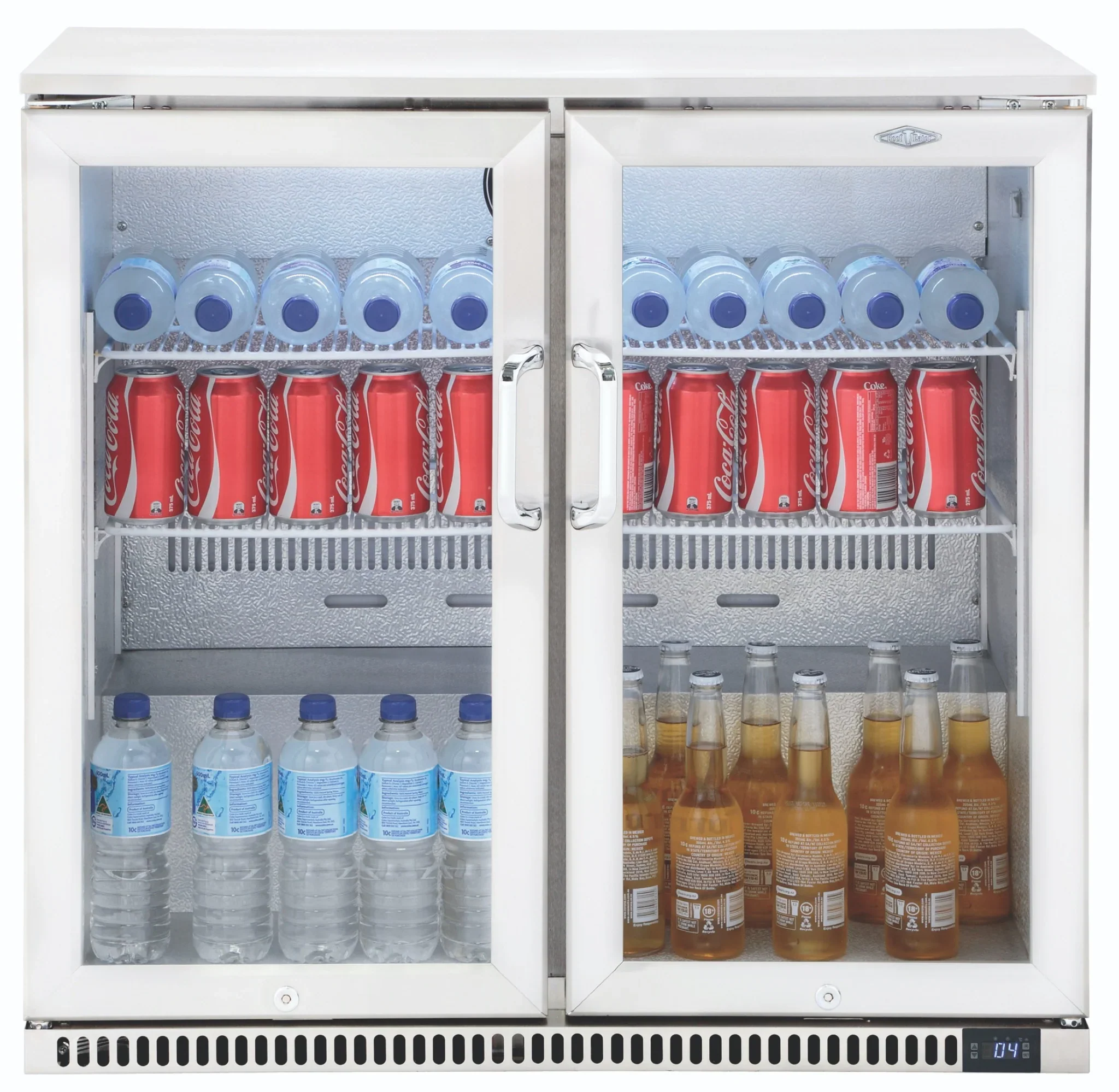 Beefeaters double door glass fronted outdoor rated fridge stacked with drinks on a transparent background.